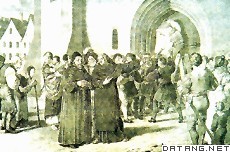1517年10月31日马丁.路德（中）在教堂前发表“95条纲领”（绘画）