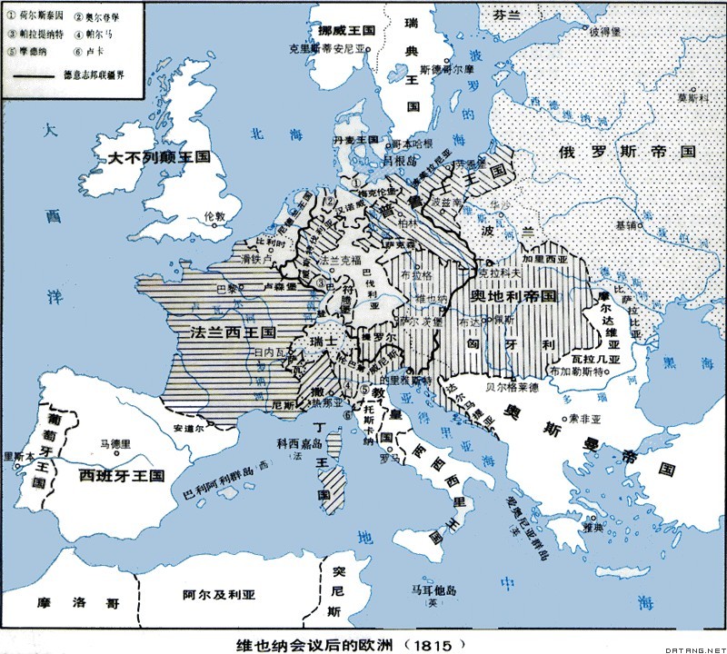 地图：维也纳会议后的欧洲（1815）