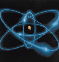 铍原子行星模型。蓝色表示电子，绿色表示中子，红色表示质子