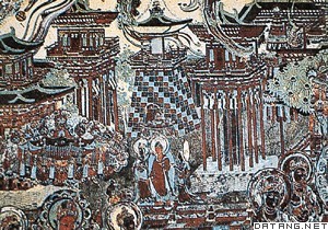 敦煌莫高窟第217窟壁画中描绘的初唐佛寺